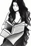 Placeholder: Pencil sketch of Young woman, Arab features,sad, long wavy hair, reading a book, full body، on lined paper