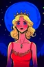 Placeholder: Blonde girl, white skin color, blue eyes, standing in the moonlight, handdrawn, red dress, wearing a crown,