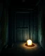 Placeholder: An ancient, weathered door stands in an abandoned house, shrouded in deep, engulfing darkness. The walls are rough and covered in moss and dust, with wooden beams crumbling and floors uneven. The faint light coming from a small particle of the philosopher's stone, placed mysteriously near the door, emits a warm, surreal glow, contrasting with the surrounding darkness. The stone’s light weakly illuminates the nearby area, casting long, eerie shadows. The atmosphere is thick with mystery and tensi