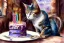 Placeholder: Cat is having a birthday cake.. Highly detailed, smooth colours, realistic landscape. Aquarell