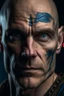Placeholder: Portrait of a male warrior, scars on his face, shaved, middle age, blue eyes, handsome