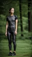 Placeholder: photography of a beautiful anorexic woman, anthracite satin triathlon top, sports illustrated, brunette short wavy bob haircut, pronounced sternum, flat chest, anthracite short leggins