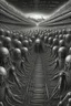 Placeholder: A field of thousands hands , a thin line draw ،front view camera, surreal horror, biomechanical design, by hr giger and beksinski , Busch painting style