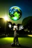 Placeholder: Mickey Mouse with a Supernova above the hand of an Earth person in a developed public park