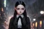 Placeholder: wednesday addams in 8k anime realistic drawing style, Gothic them, neon effect, close picture, rain, highly detailed, high details, detailed portrait, masterpiece,ultra detailed, ultra quality