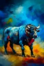 Placeholder: A surreal picture of a Matador , Busch painting style , mystery, anger oil rough brush with thick colors, wearing nucleus with big cross on his chest , blue colors picture with colorful clouds in a bull fighting arena