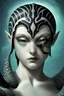 Placeholder: Siren, with six arms, white skin, fish scales, fish gills, a black greek helmet, and black obsidian geometric jewelry.