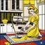 Placeholder: Roy Lichtenstein pop art, house wife in the kitchen drawing a pentagram on the floor preparing for a gnostic ritual.