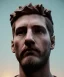 Placeholder: Gran angular, Realistic image, roman sculpture, marble material, Lionel Messi with Laurel wreath model, miguel angel style, emperador, God light, god rays, 4k resolution, perfect details, ornate details, soft lighting, unreal engine 5, soft cyan background.