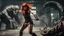 Placeholder: Full-body retro photo of a woman with straight red hair and a Fringe, in a fight with a monster, wrapped in tenacles, in an action pose, sci-fi Background