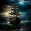 Placeholder: view of turbulent swells of a violent ocean storm, inside a glass bottle on the beach ม dramatic thunderous sky at dusk at center a closeup of large tall pirate ship with sails, breaking light