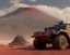 Placeholder: Gi joe driving A White lunar armored rover with tracks and claw and orange, troops, volcano in background