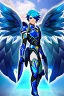 Placeholder: a human male with blue short hair and blue wings in assymetrical armor with geometric patterns and a book in hand