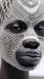 Placeholder: A long hyperrealistic zoomed out shot of a queen face of the African tribes all in white head out of a white spider web, intricate details, soft natural light, screen captured from 4K Blu-ray. All white background