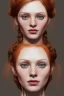 Placeholder: Woman corvo, cute, beautiful, orange hair, two braids, wild bangs, blue eyes, big eyes, freckles, long eyelashes, pink lipstick, thin lips, small nose, Gillian from Practical Magic, 8k resolution concept art portrait by Greg Rutkowski