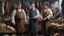 Placeholder: Realistic oil painting of a butcher, milliner and nutritionist standing side by side in a market setting, intricate details on their clothing and tools, realistic lighting and shadows, inspired by the works of Jan van Eyck and Rembrandt.