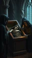 Placeholder: Bosch painting style, 3D hooded creature sleeping in a coffin surrounded by other hooded creatures wearing in black one of them carrying a small candle in scary dark church,
