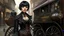 Placeholder: body portrait of a gothic woman with a black bob with a full fringe hairstyle, dressed in brown leather trousers, waistcoat, and gloves, in a Victorian street next to a steam carriage, full colour