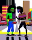 Placeholder: two arafed persons arguing in middle of street, yikes art, afrofuturism, arafed angularity, art cracking the road, angular aztec vibe, whimsical arafed nonsense, patchwork vibe, (((side view))) two arafed cyberlords fighting each other in a rainy whimsical downtown street with extreme body action and with (((exaggerated body parts))), (((oversize head))), sharp color contrasts, amazing shadows, (((exaggerated limbs and head))), minimal cozy, warm palette, bright bold warm summer colors