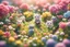 Placeholder: top view of a miniature flower farm scene with cute chibi anime gardener cats tending to the flower fields S<AI in sunshine, photorealistic, 3D, ethereal, cinematic postprocessing, bokeh, dof