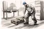 Placeholder: a swedish industry worker from sweden, very strong pushing a wooden pallet along the floor in a factory, very basic sketch painting like the image i uploaded