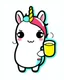 Placeholder: create a 2d outline, minimalist kawaii unicorn smiling and holding happy cup of coffee, high quality, colorful,colors,