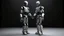 Placeholder: Create an image featuring two humanoid robots holding hands. One robot should have a shiny light gray finish, while the other should have an opaque dark gray appearance. Both robots have their heads slightly tilted downwards, giving a mechanical and somewhat contemplative look. The setting is minimalistic, focusing on the contrast between the robots' finishes and their human-like connection.