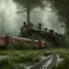 Placeholder: an abandoned train on tracks overgrown by nature with large puddles of water flooding part of tracks, 8k resolution, high-quality, fine-detail, intricate, digital art, detailed matte, volumetric lighting, illustration, 3D octane render, brian froud, howard lyon, selina french, anna dittmann, annie stokes, lisa parker, greg rutowski