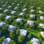 Placeholder: Complex of ten oval cabins, Zaha Hadid style, aerial view, ultra quality, hyper-detailed, digital art, 8k 3D, trees, parking lots, people