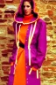 Placeholder: late 1990's women street fashion. Light dress with integrated bags and with new kind of hood with tippet that continues downwards too! horizontal zipper reveals belly. recycled denim straight, Pike fish, huge vulgarism, -print.lilac, plum, orange, terracotta, red, light yellow, lion yellow, pink, dark blue, beige. wide belt. Partly latex or leather.Tyra Banks.Missy Elliot,Jennifer Lopez.Karjalainen kuvio,Karjala pattern tradition