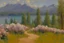 Placeholder: Sunny day, mountains, flowers, pathway, pine trees, lake, distant trees, theodore robinson impressionism painting