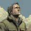 Placeholder: man, chevy chase, looking at the sky, looking serious, comic book, post-apocalypse, grey background, illustration,