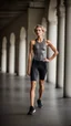 Placeholder: photography of a beautiful anorexic woman, grey satin triathlon top, sports illustrated, blond short wavy bob haircut, pronounced sternum, flat chest, anthracite cycling leggins