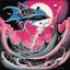 Placeholder: Surreal sneaky lunatic lunar breakup, Style by Gerald Scarfe and Alan Kenny Scharf and Wotto, sinister surreal masterpiece, text "PINK FLOYD" in iconic pink floyd font, Album art, color ink illustration, dark colors, smooth, by Gerald Scarfe