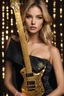 Placeholder: Beautiful Super model playing Electric Guitar made of golden and diamonds, over-the-shoulder shot