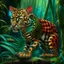 Placeholder: Create a surreal digital painting of an ocelot, seen from the side, whole body, heraldic and with a jungle background, in the style of Max Ernst. Modifiers: digital painting intricate beautiful high detail hyperrealistic high definition crisp quality colourful surreal alcohol ink Haunted Nature