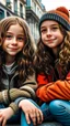Placeholder: iki kız beraber sokakta oturuyorlar yaşları daha büyük liseliler daha renkli kızlardan birinin saçı kabarık diğerininki ise biraz uzun geniş açı
