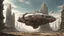 Placeholder: A small, wide, squat, sleek Spaceship in a ruined alien city, surrounded by tall damaged buildings, clear sky, small white clouds, photorealistic