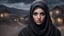 Placeholder: Hyper Realistic close-up-photographic-view of Beautiful Pashto Girl in niqab with beautiful hair & beautiful eyes fully-face-covered-in-black-dress-&-grey-shawl standing outside village-houses giving-bold-expressions on mountain-top at night with cloudy-moonlight showing dramatic & cinematic ambiance