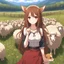 Placeholder: an arrogant, confident young woman with long brown hair, red eyes, pale skin, corgi ears and tail, anime style, sheep in a field for the background, intricately detailed, high definition, 4k, photorealistic