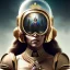 Placeholder: portrait, upper body of grand scam madonna, small helmet, and bigger plans, movie poster illustration art