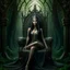 Placeholder: Morena Baccarin as a beautiful sexy dark elf queen seated elegantly on a throne in a mystical forest, dark celtic vignette frame