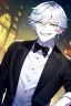 Placeholder: plauge doctor in balck leather coat and suit with silver hair, pale skin and bright green eyes smiling with sharp teeth, nice young face, male, viscious smile, face close look