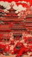 Placeholder: A red Oni kingdom with flipped buildings designed in Japanese Oni masks painted by Jackson Pollock