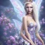 Placeholder: Fantasy fairy with transparent wings, smiling, make up, long platinum blond hair with crown and flowers, blue dress, flower background