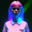 Placeholder: waitress teenager, rounded face, pink hair, hologram text, flushed cheeks, striped shirt, neon ambient light, vibrant color, pop style, highly detailed, art stations, concept art, smooth, unreal engine 5, god rays, ray tracing, RTX, lumen lighting, ultra detail, volumetric lighting, 3d, finely drawn, high definition, high resolution, gradient background