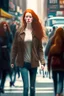 Placeholder: slim redhead woman walking across a busy street