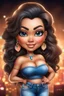 Placeholder: create an airbrush illustration of a chibi cartoon curvy polynesian female wearing Tight blue jeans and a peach off the shoulder blouse. Prominent make up with long lashes and hazel eyes. She is wearing brown feather earrings. Highly detailed long black shiny wavy hair that's flowing to the side. Background of a night club.