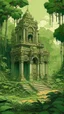 Placeholder: An olive green jungle with a ruined temple in Art Nouveau art style