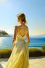 Placeholder: Neoclassicism woman standing in the sun on the beatch from the back realistic cote d'azur painting